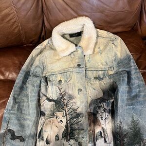 AMIRI shearling Denim Jacket with White Faux Fur
